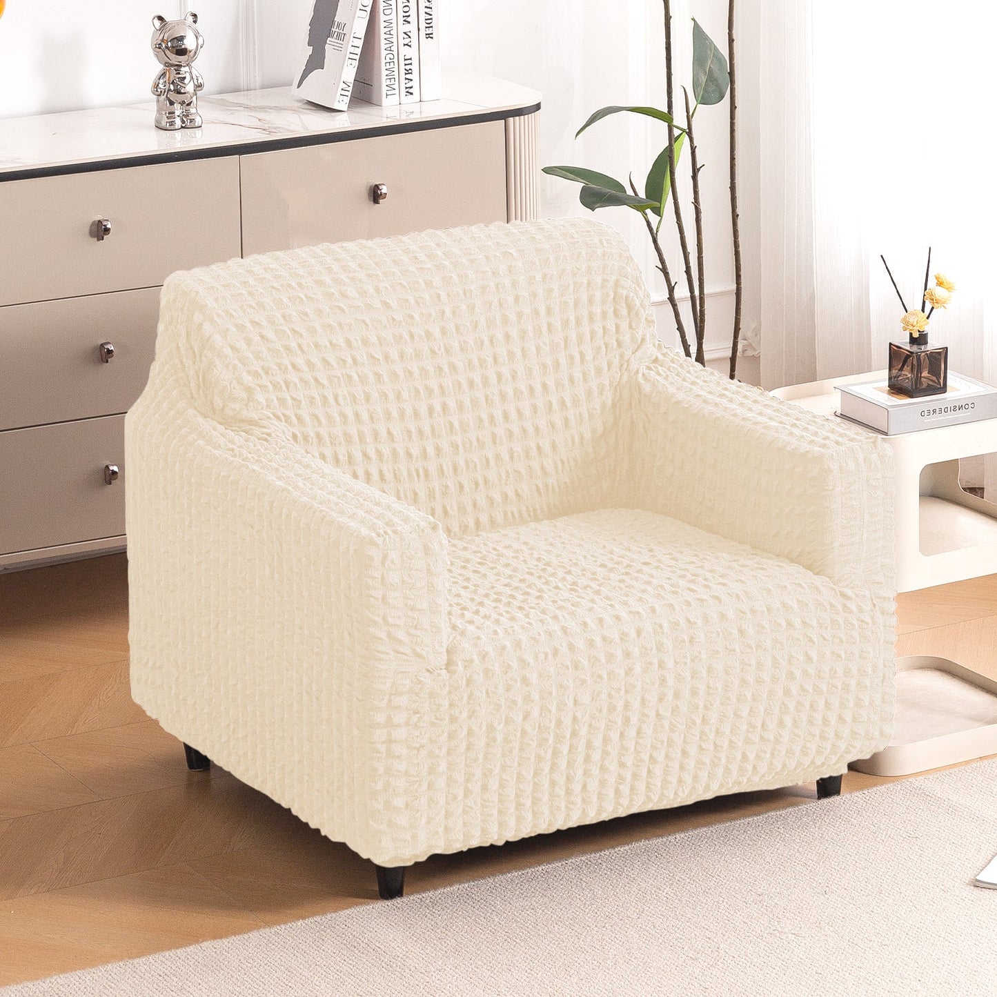 Aria Nova Elastic 280 GSM Stretchable Bubble Sofa Cover, Light Cream