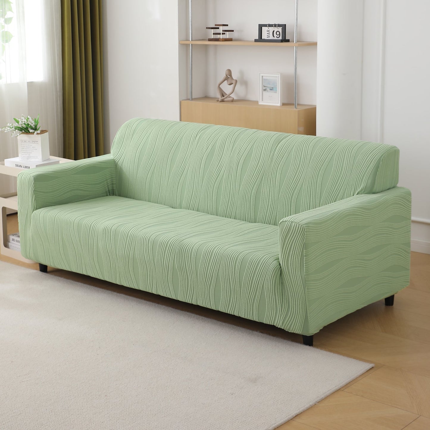 200gsm Knitting Jacquard Sofa Cover 1/2/3/4 Seater Fully Covered, Pastel Green