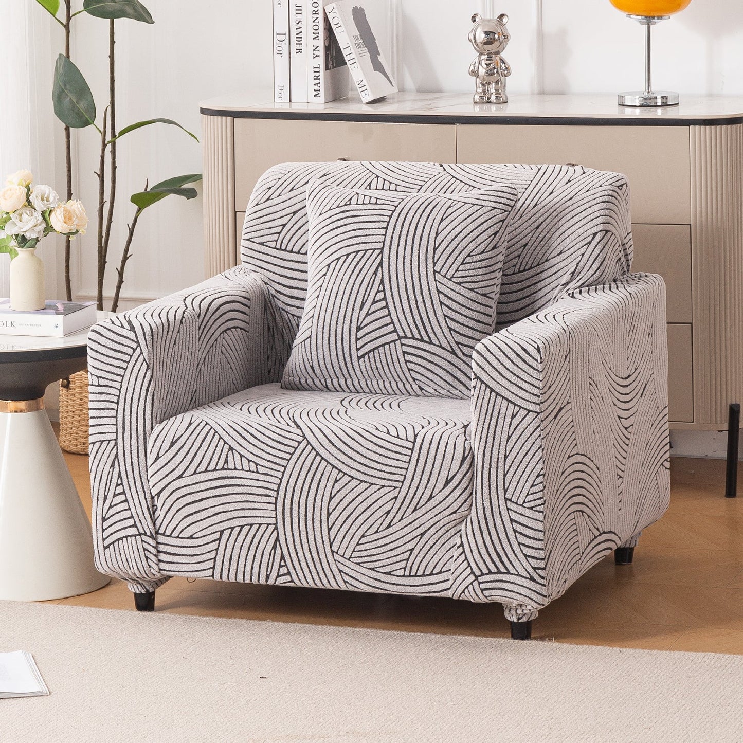 'WaveLine Series' Jacquard Sofa Cover 1/2/3/4-seater Fully Covered, Ash Grey