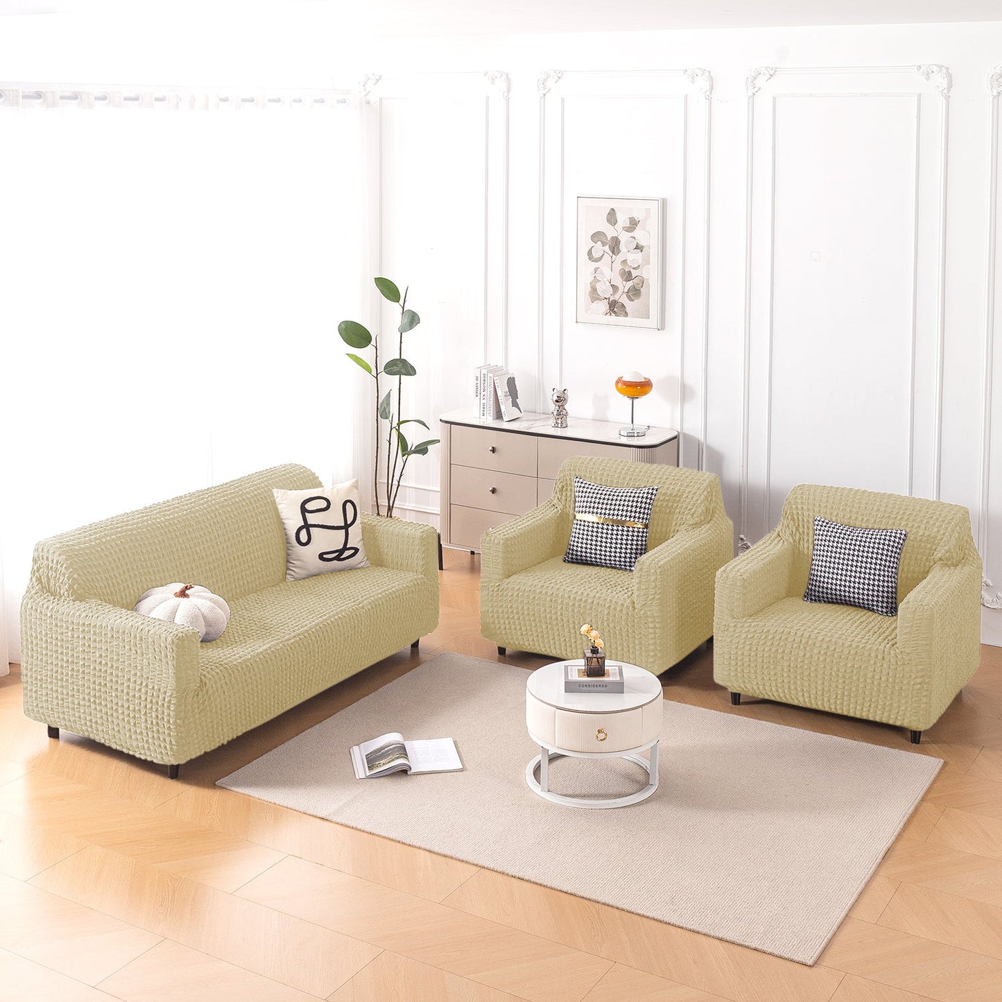 Aria Nova Elastic 280 GSM Stretchable Bubble Sofa Cover , Beige