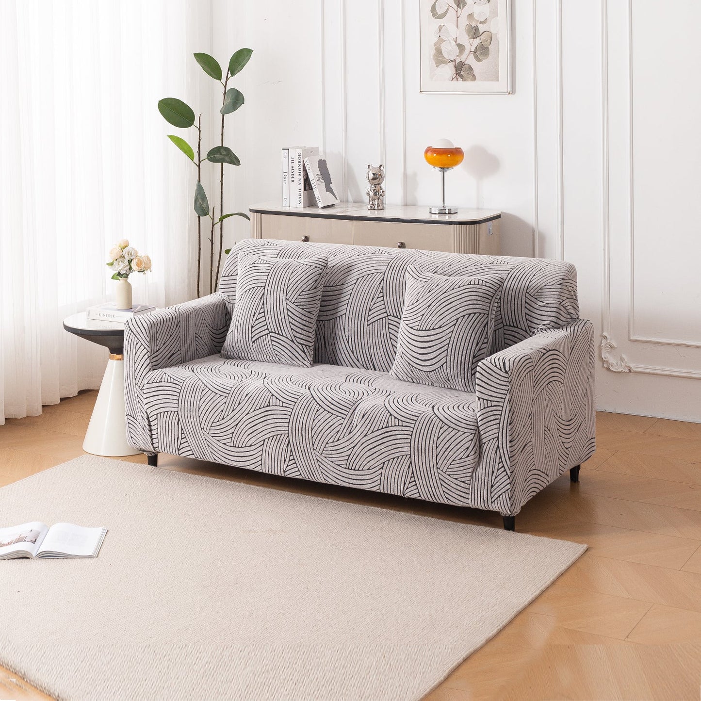 'WaveLine Series' Jacquard Sofa Cover 1/2/3/4-seater Fully Covered, Ash Grey