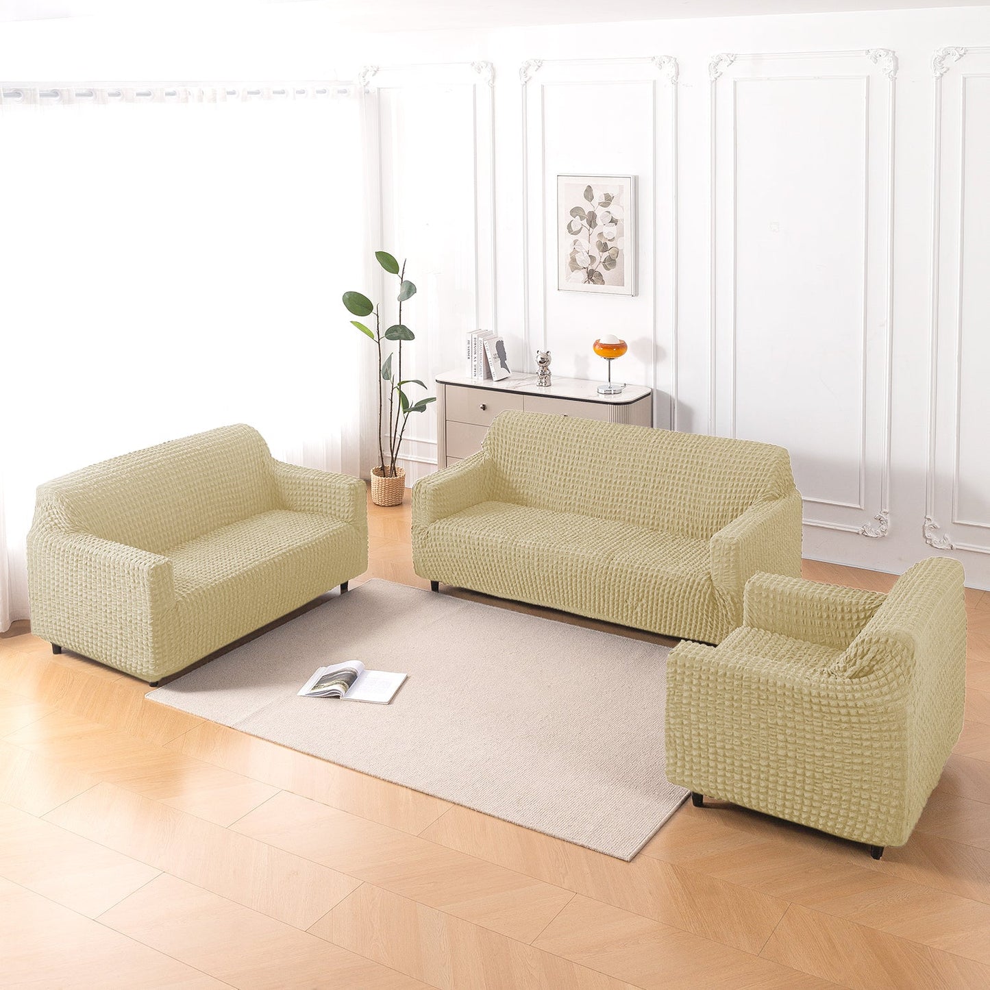 Aria Nova Elastic 280 GSM Stretchable Bubble Sofa Cover , Beige