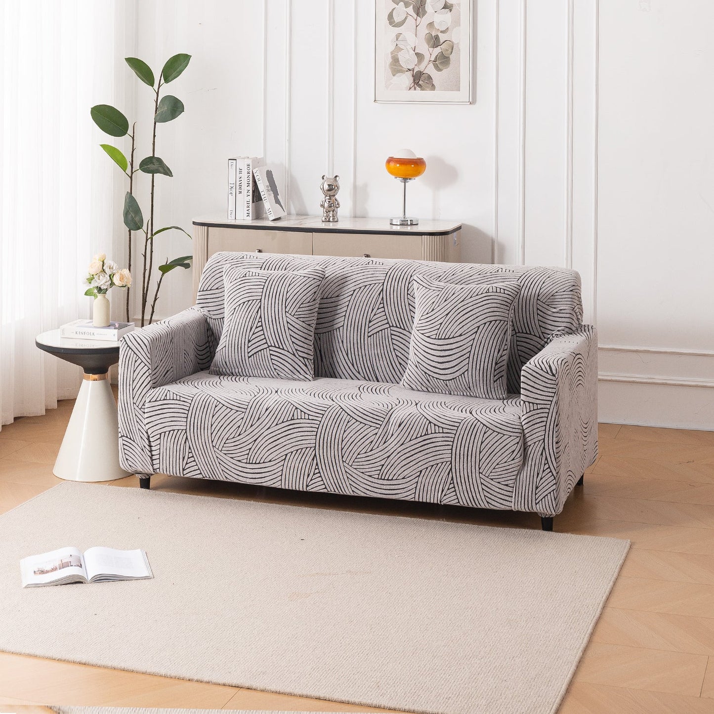 'WaveLine Series' Jacquard Sofa Cover 1/2/3/4-seater Fully Covered, Classic White