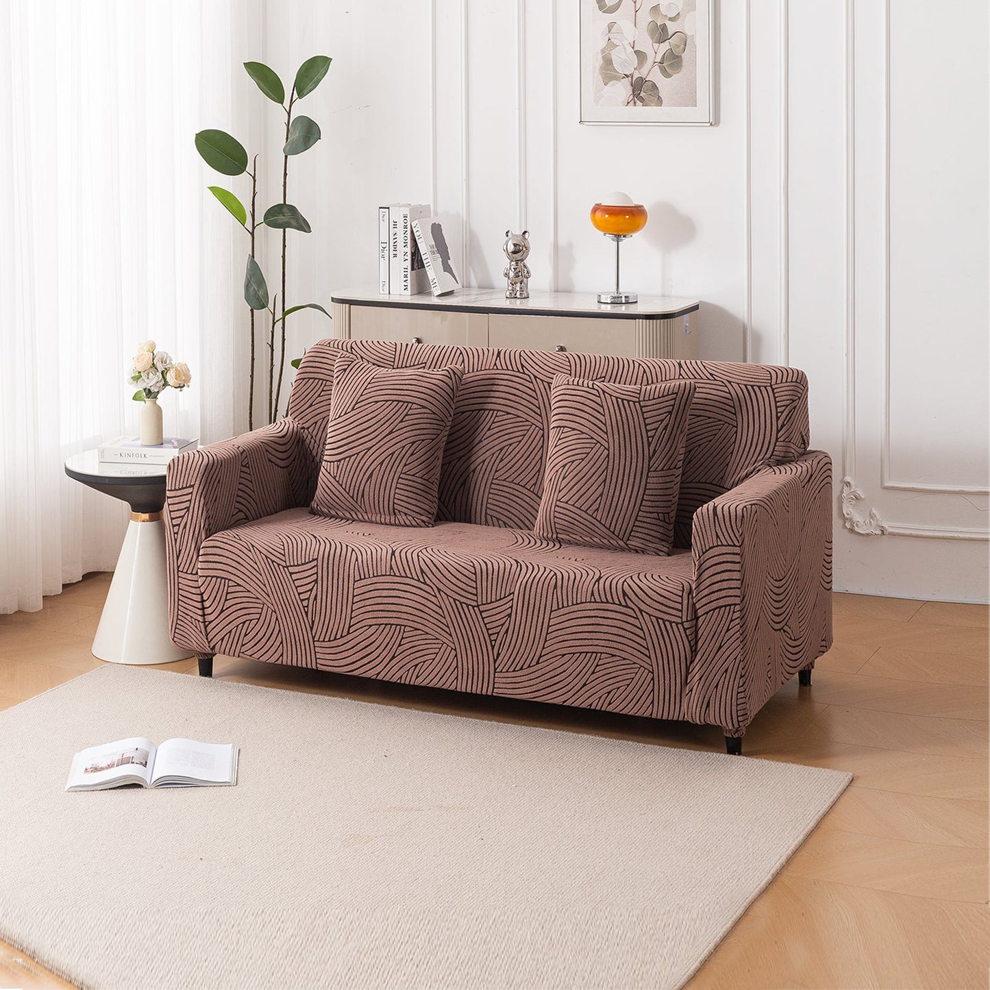 'WaveLine Series' Jacquard Sofa Cover 1/2/3/4-seater Fully Covered, Rust Brown
