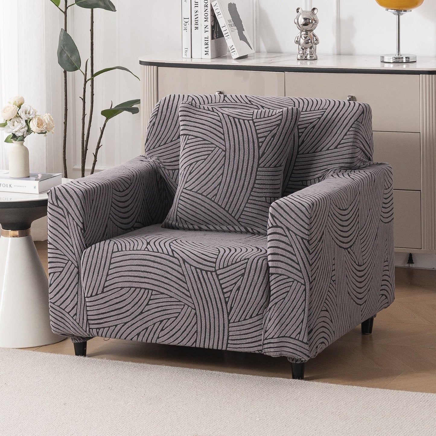'WaveLine Series' Jacquard Sofa Cover 1/2/3/4-seater Fully Covered, Charcoal Grey