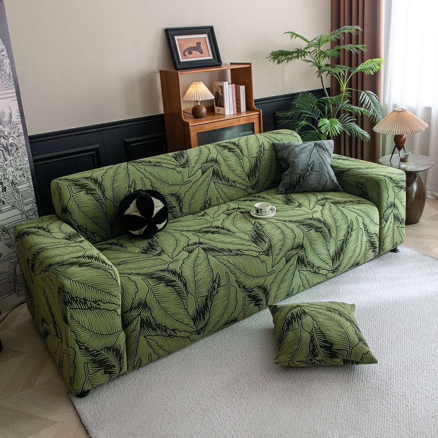 Dual Tone Knitting Jacquard Sofa Cover 1/2/3 Seater Fully Covered - Olive Green