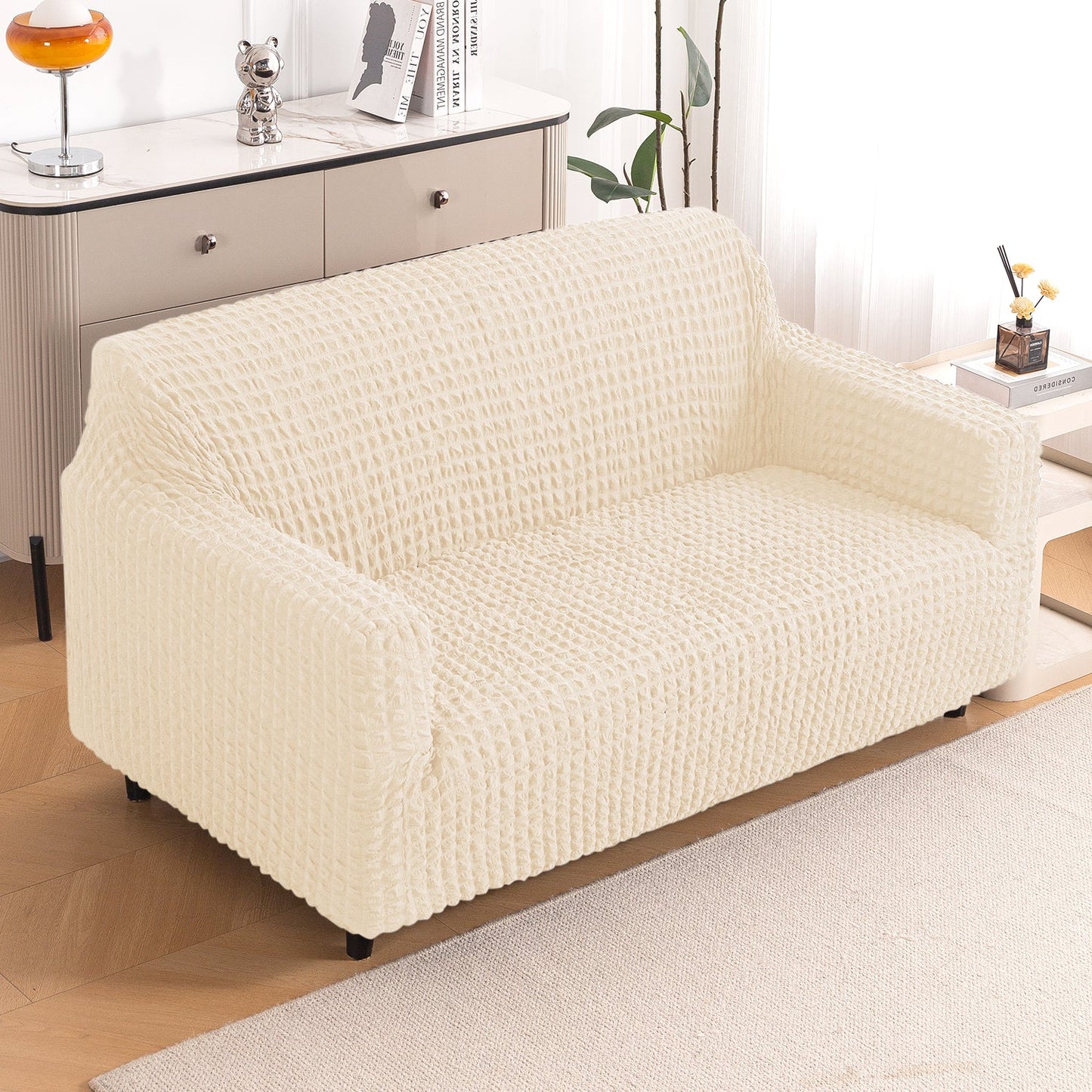 Aria Nova Elastic 280 GSM Stretchable Bubble Sofa Cover, Light Cream