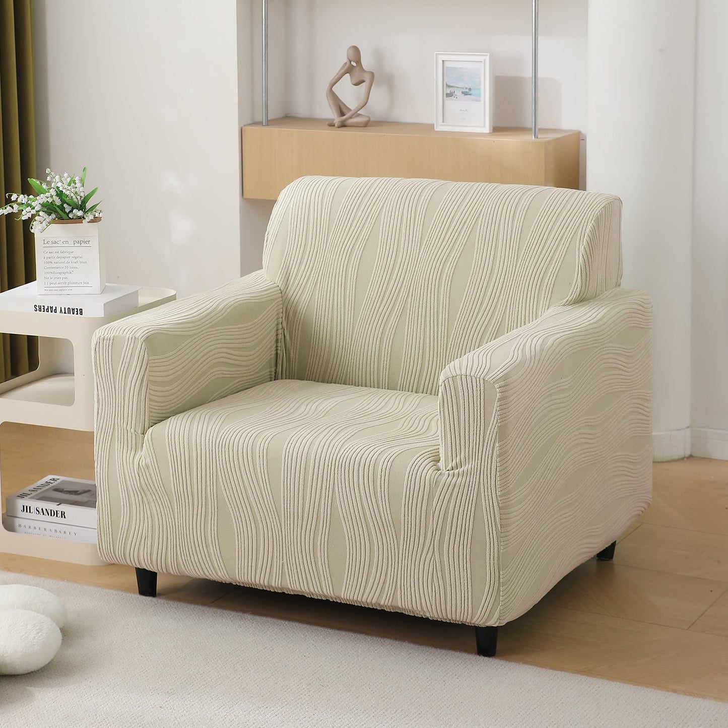 200gsm Knitting Jacquard Sofa Cover 1/2/3/4 Seater Fully Covered, Skimmed Cream