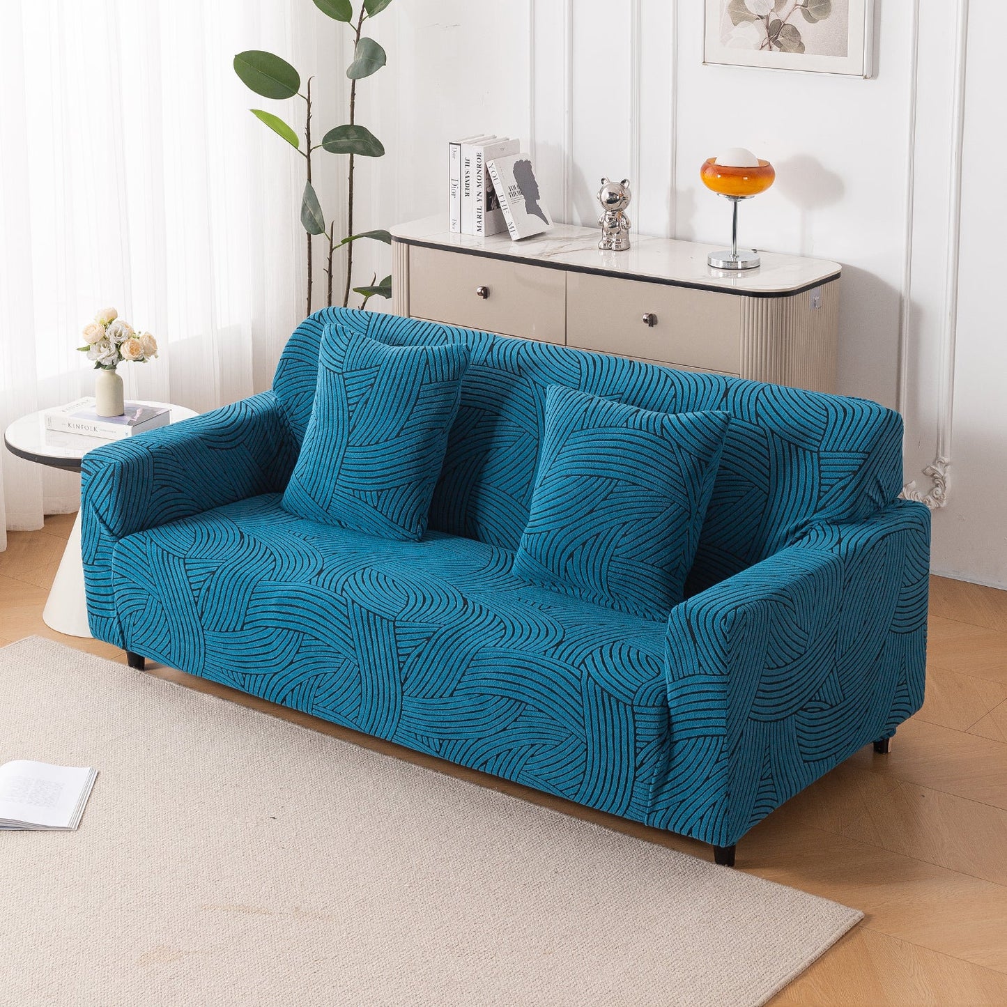 'WaveLine Series' Jacquard Sofa Cover 1/2/3/4-seater Fully Covered, Teal Green