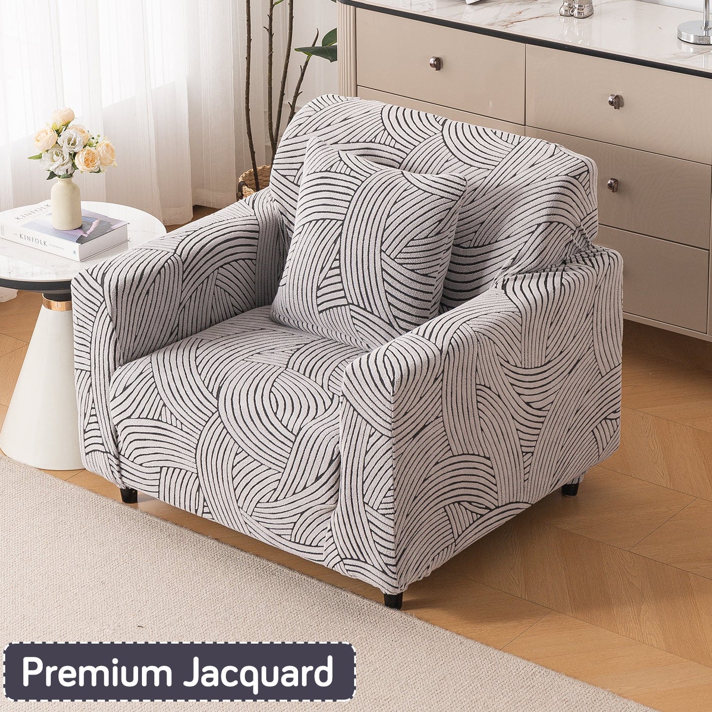 'WaveLine Series' Jacquard Sofa Cover 1/2/3/4-seater Fully Covered, Classic White