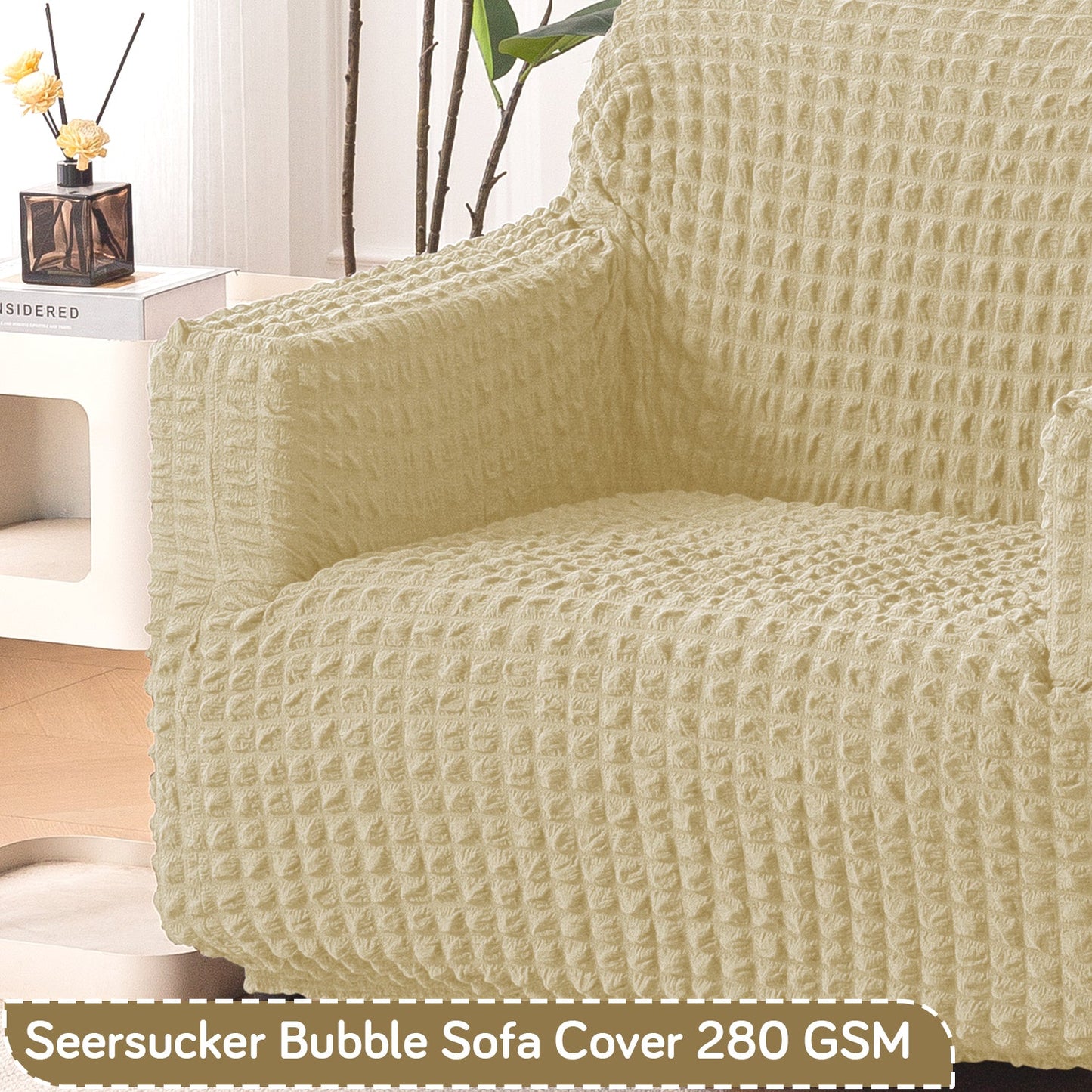 Aria Nova Elastic 280 GSM Stretchable Bubble Sofa Cover , Beige