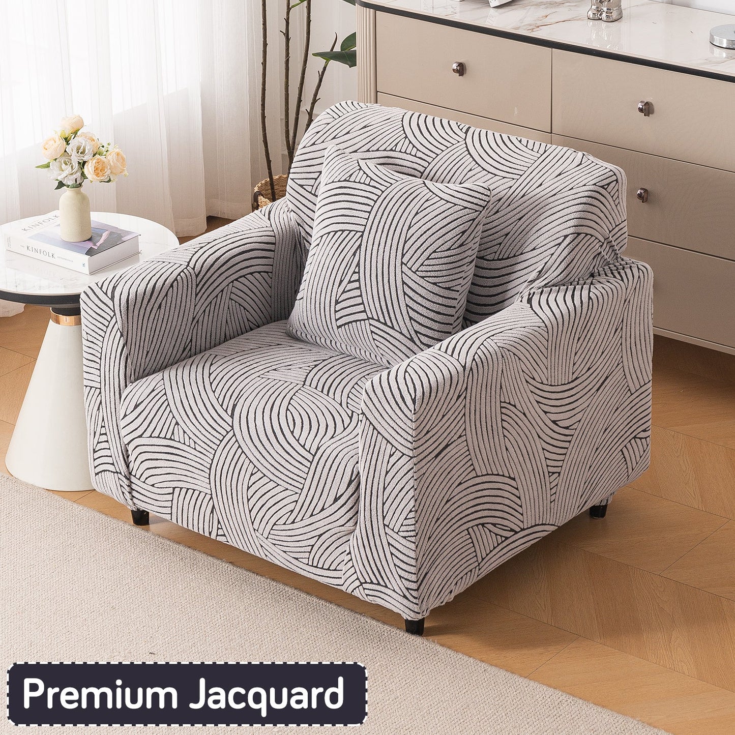 'WaveLine Series' Jacquard Sofa Cover 1/2/3/4-seater Fully Covered, Ash Grey