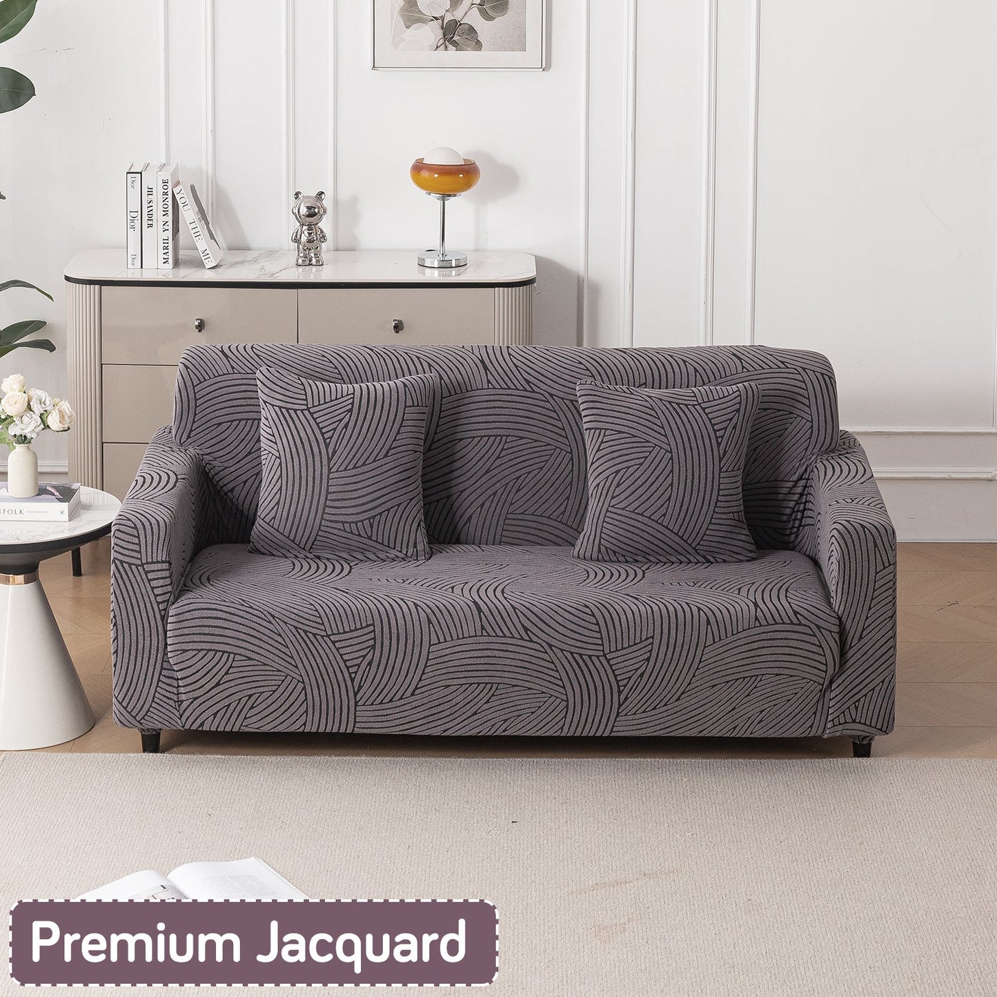 'WaveLine Series' Jacquard Sofa Cover 1/2/3/4-seater Fully Covered, Charcoal Grey