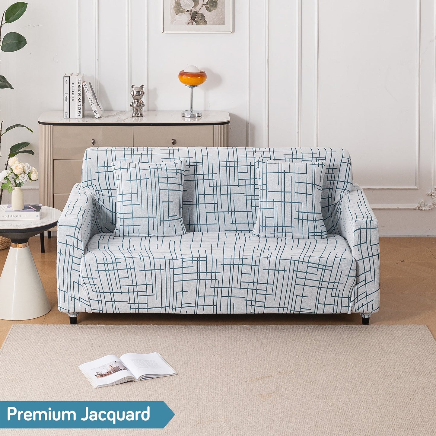 'Crossline Series' Jacquard Sofa Cover 1/2/3/4-seater Fully Covered, Teal Blue