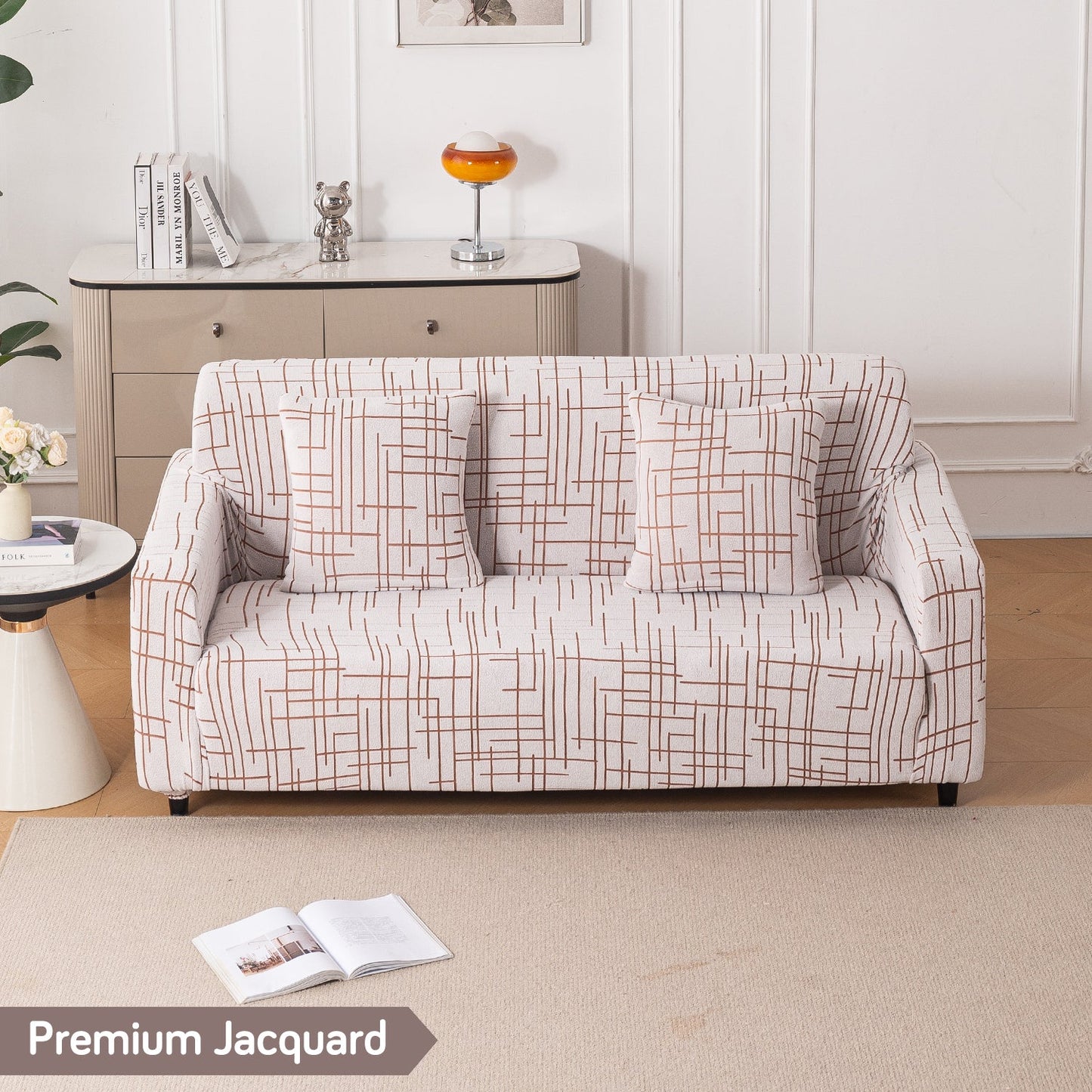 'Crossline Series' Jacquard Sofa Cover 1/2/3/4-seater Fully Covered, Rust Brown