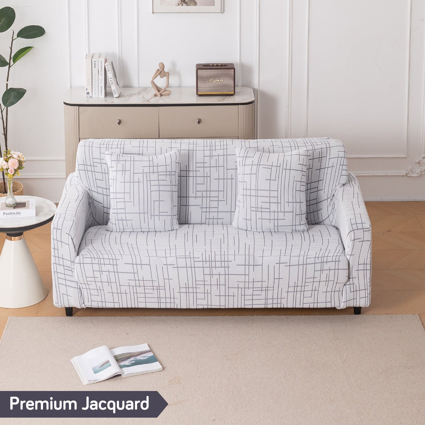 'Crossline Series' Jacquard Sofa Cover 1/2/3/4-seater Fully Covered, Light Grey