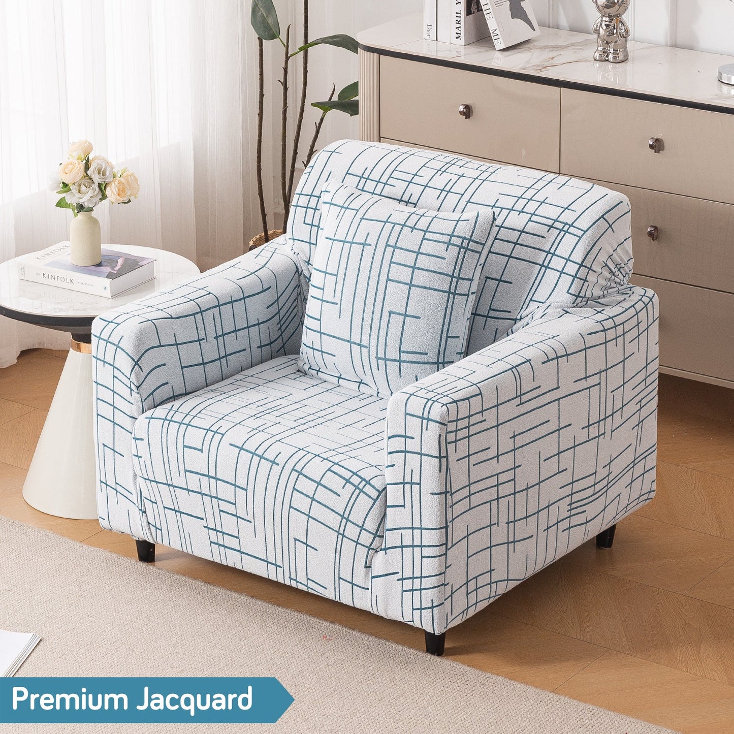 'Crossline Series' Jacquard Sofa Cover 1/2/3/4-seater Fully Covered, Teal Blue