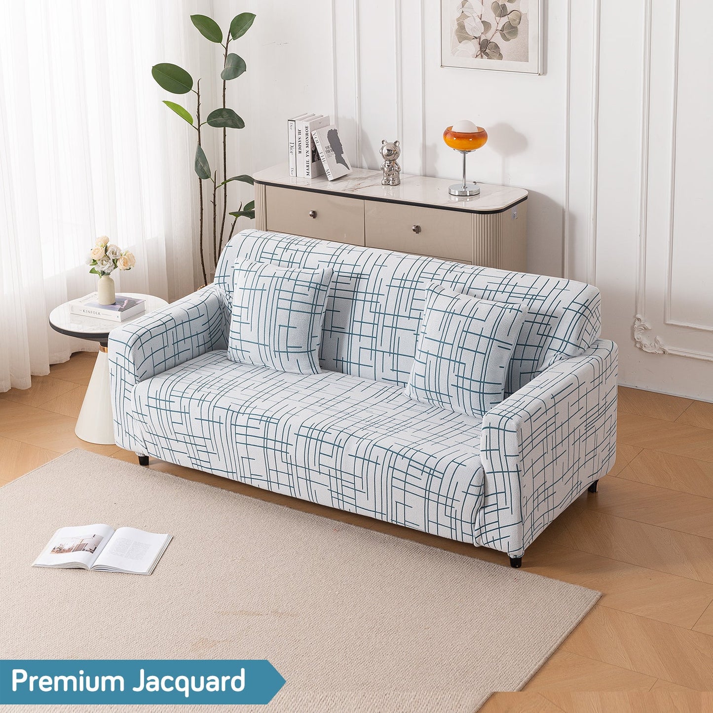 'Crossline Series' Jacquard Sofa Cover 1/2/3/4-seater Fully Covered, Teal Blue