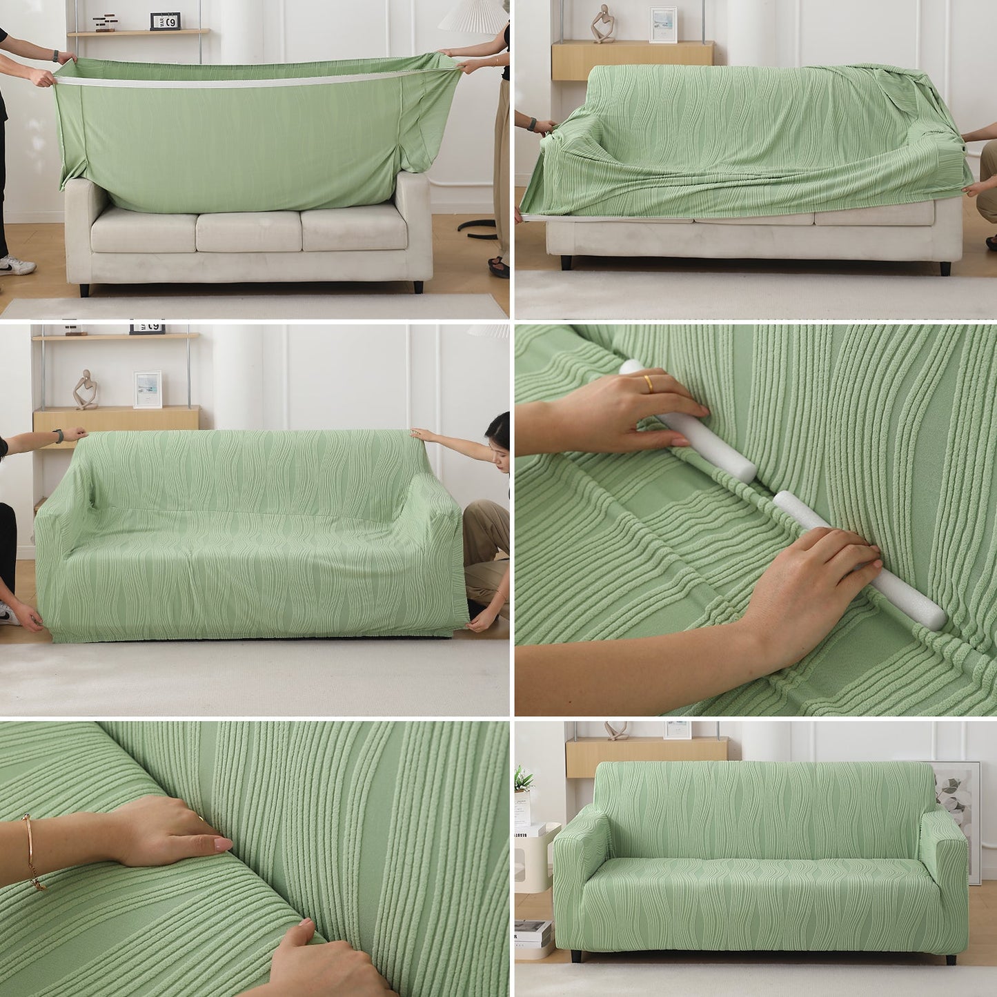 200gsm Knitting Jacquard Sofa Cover 1/2/3/4 Seater Fully Covered, Pastel Green