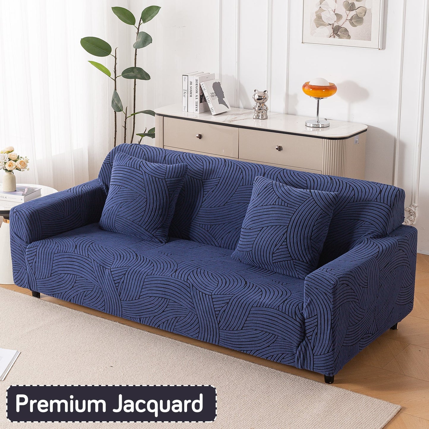 'WaveLine Series' Jacquard Sofa Cover 1/2/3/4-seater Fully Covered, Royal Blue