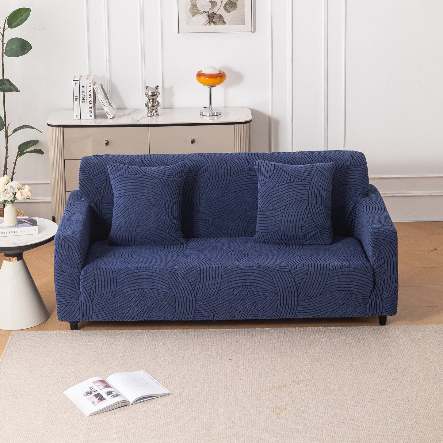 'WaveLine Series' Jacquard Sofa Cover 1/2/3/4-seater Fully Covered, Royal Blue
