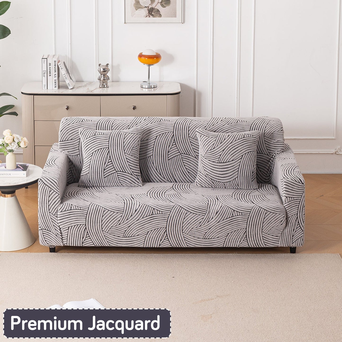 'WaveLine Series' Jacquard Sofa Cover 1/2/3/4-seater Fully Covered, Classic White