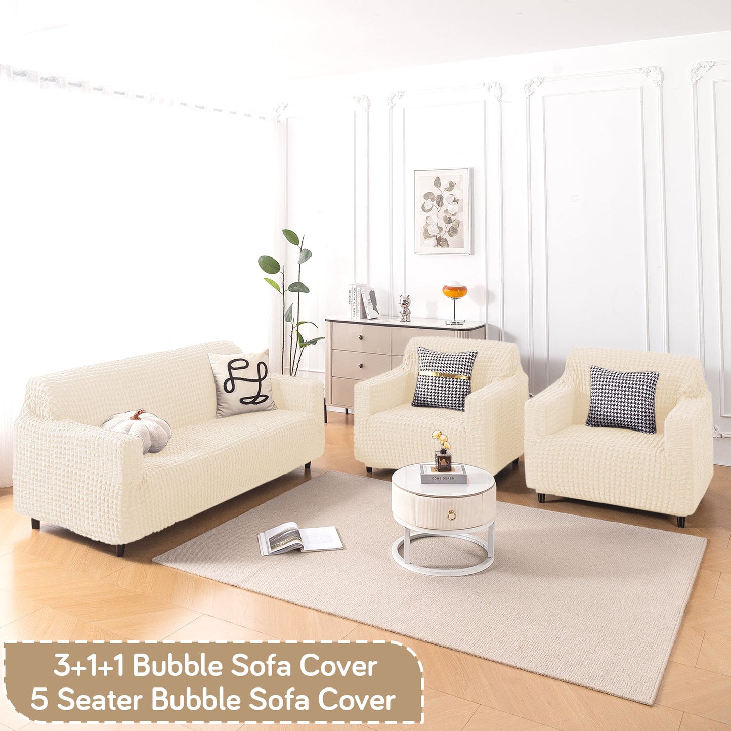 Aria Nova Elastic 280 GSM Stretchable Bubble Sofa Cover, Light Cream