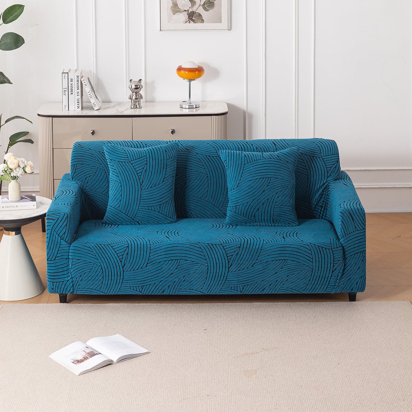 'WaveLine Series' Jacquard Sofa Cover 1/2/3/4-seater Fully Covered, Teal Green