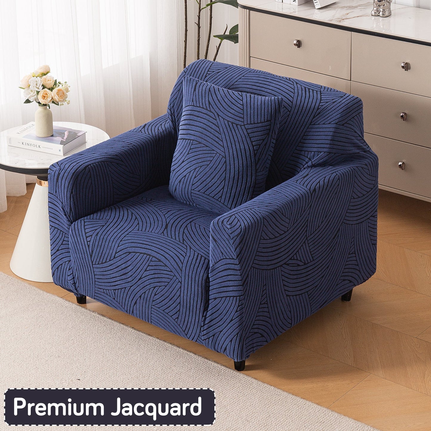 'WaveLine Series' Jacquard Sofa Cover 1/2/3/4-seater Fully Covered, Royal Blue