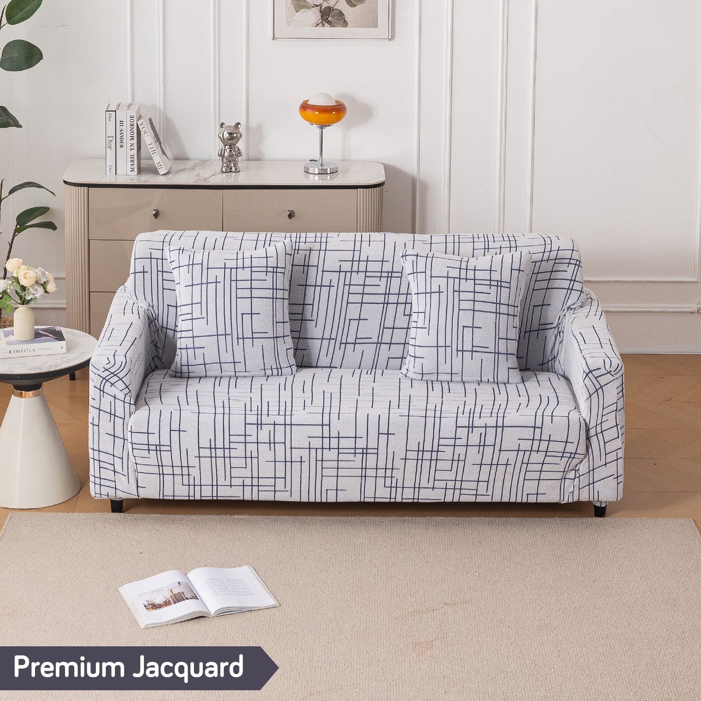 'Crossline Series' Jacquard Sofa Cover 1/2/3/4-seater Fully Covered, Navy Blue