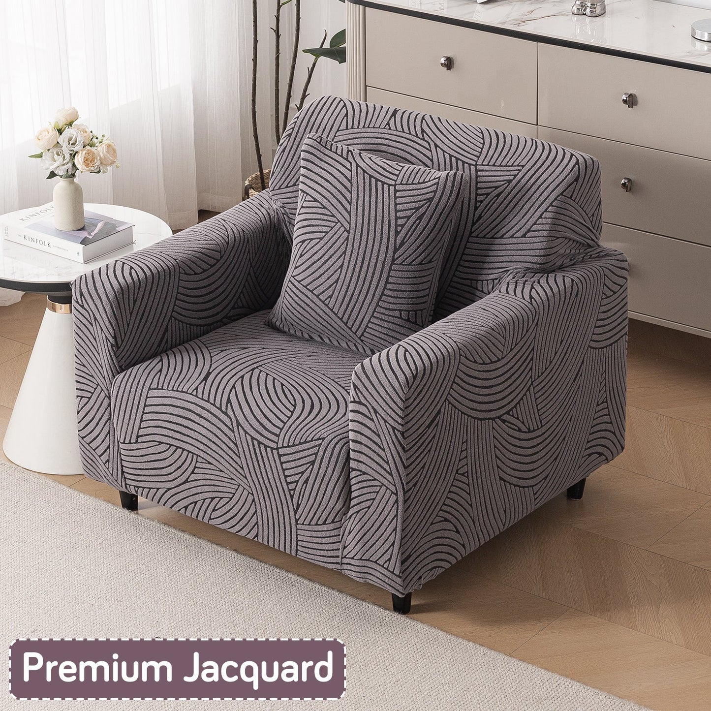 'WaveLine Series' Jacquard Sofa Cover 1/2/3/4-seater Fully Covered, Charcoal Grey