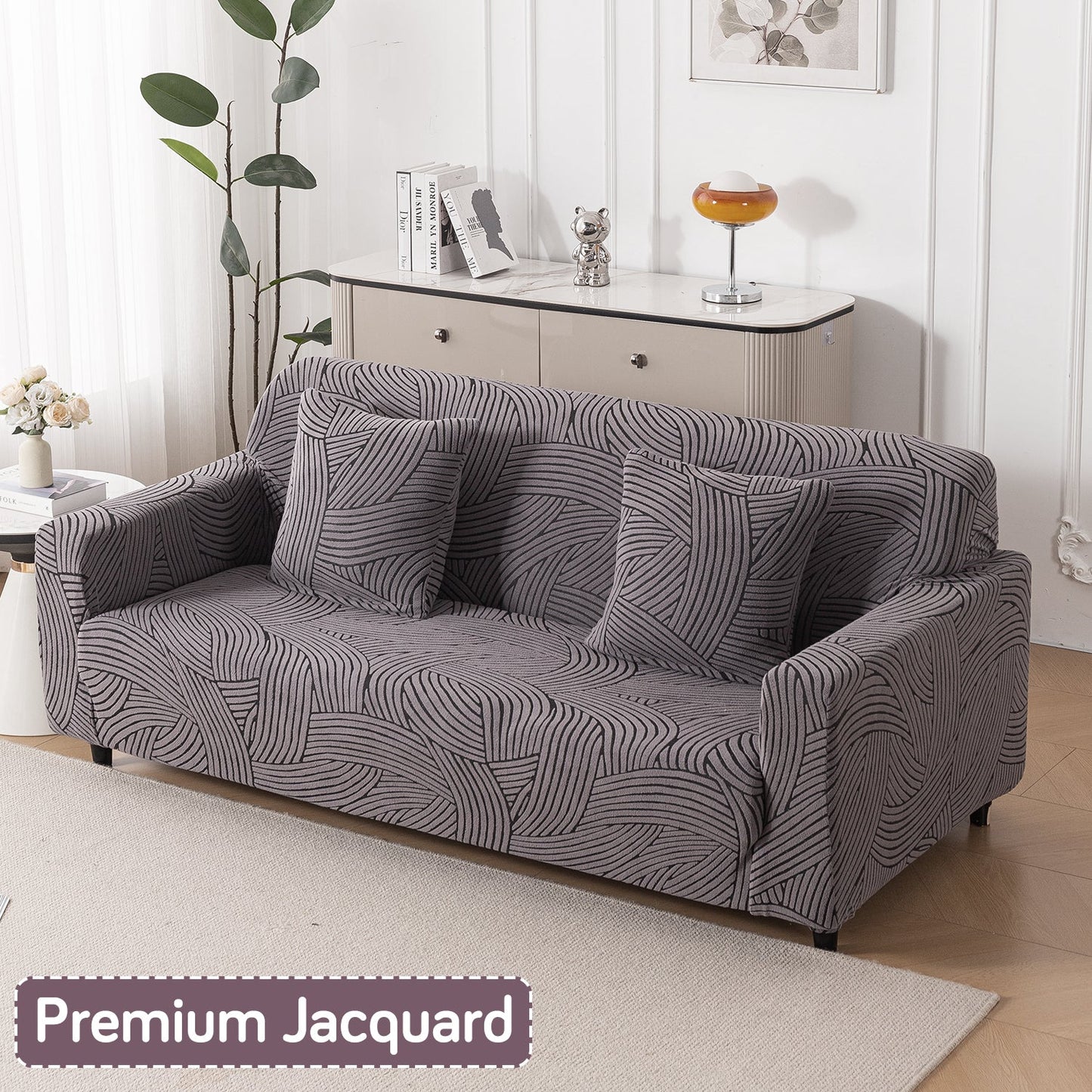 'WaveLine Series' Jacquard Sofa Cover 1/2/3/4-seater Fully Covered, Charcoal Grey