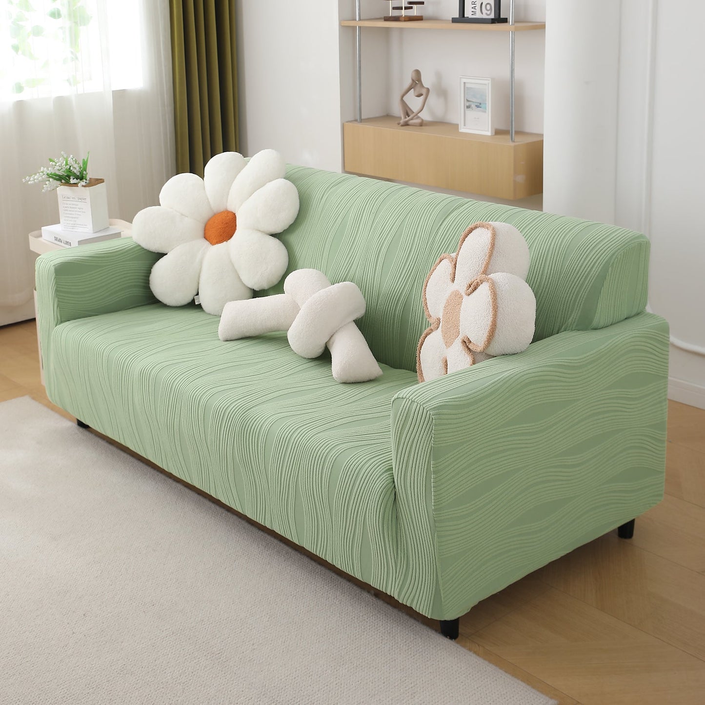 200gsm Knitting Jacquard Sofa Cover 1/2/3/4 Seater Fully Covered, Pastel Green