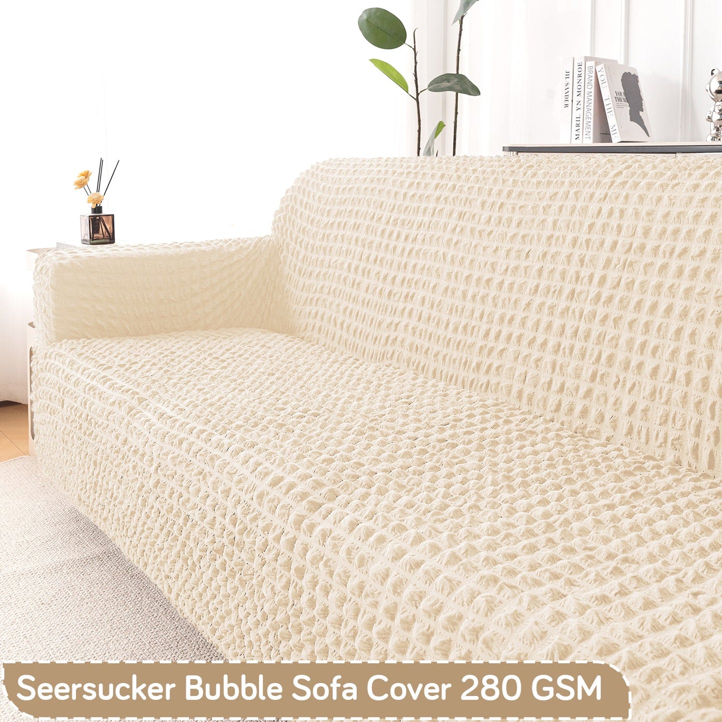 Aria Nova Elastic 280 GSM Stretchable Bubble Sofa Cover, Light Cream