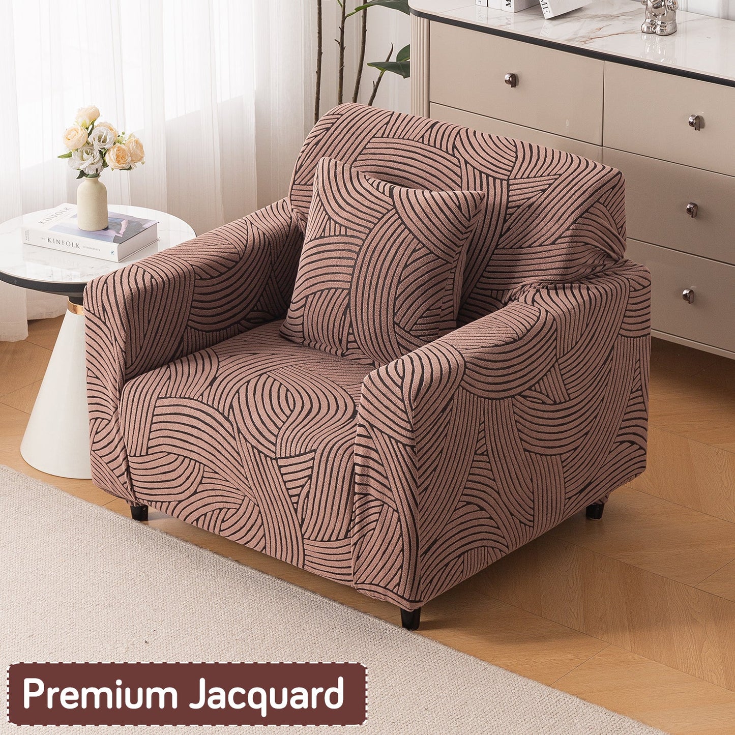 'WaveLine Series' Jacquard Sofa Cover 1/2/3/4-seater Fully Covered, Rust Brown