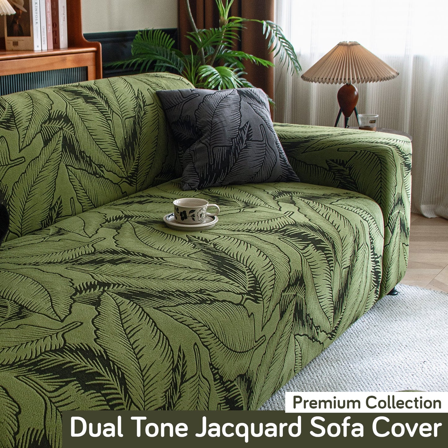 Dual Tone Knitting Jacquard Sofa Cover 1/2/3 Seater Fully Covered - Olive Green