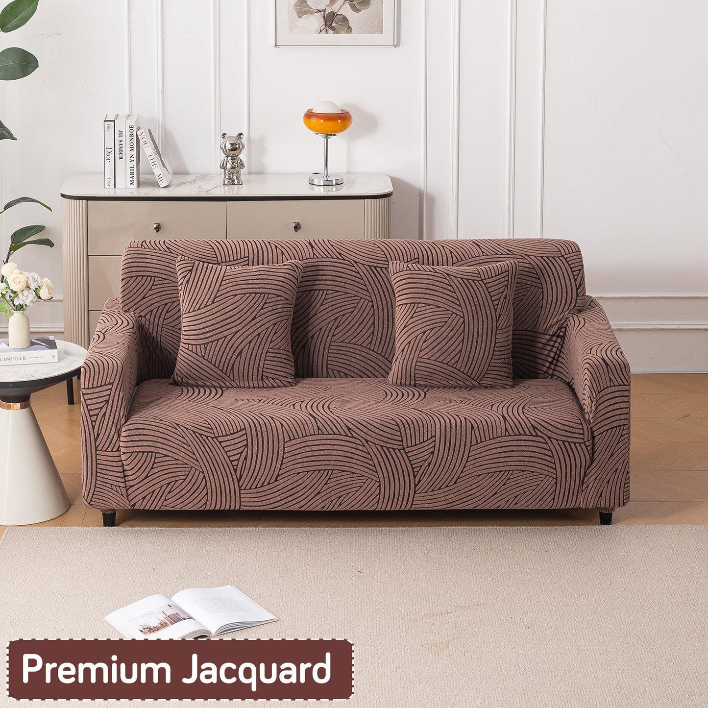 'WaveLine Series' Jacquard Sofa Cover 1/2/3/4-seater Fully Covered, Rust Brown