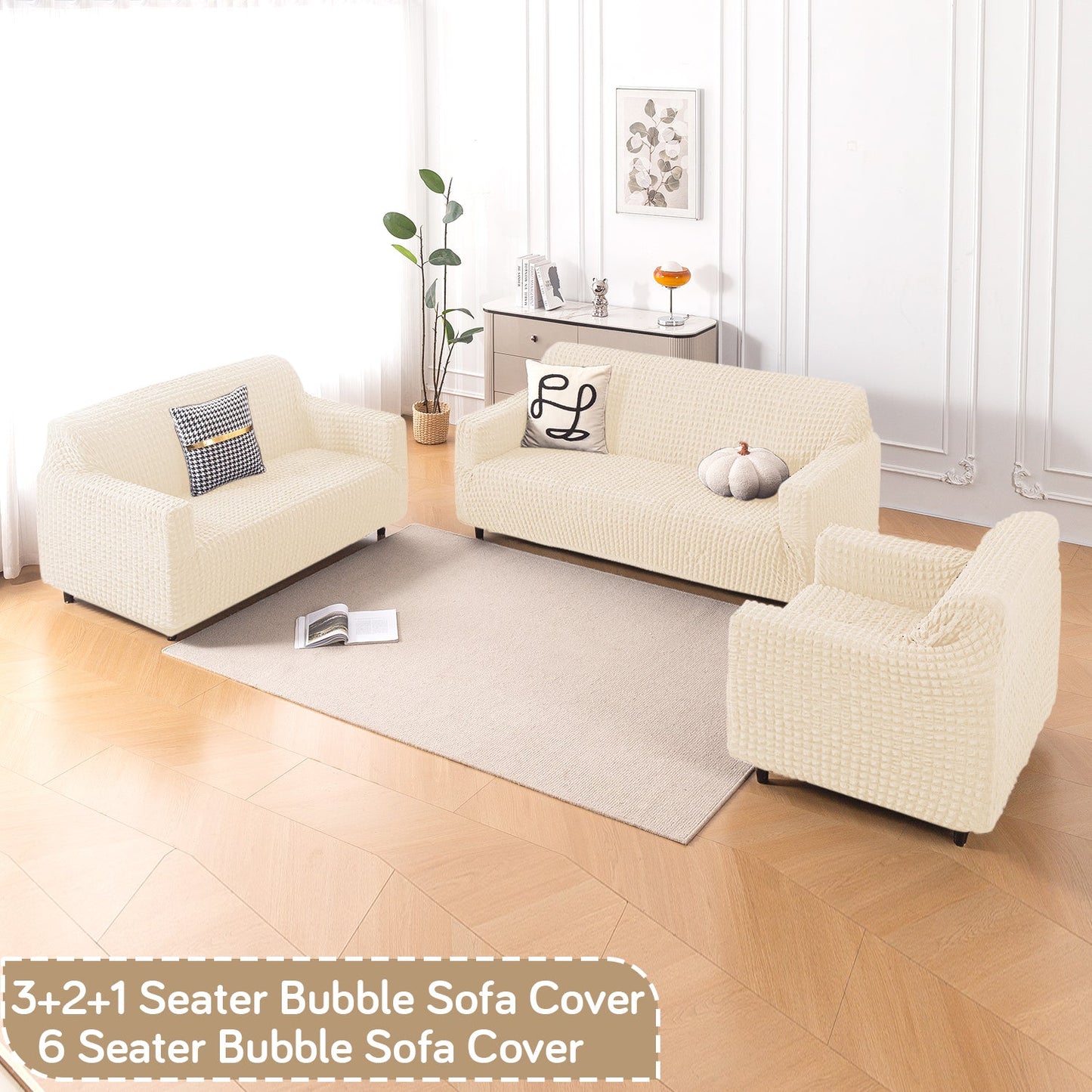 Aria Nova Elastic 280 GSM Stretchable Bubble Sofa Cover, Light Cream