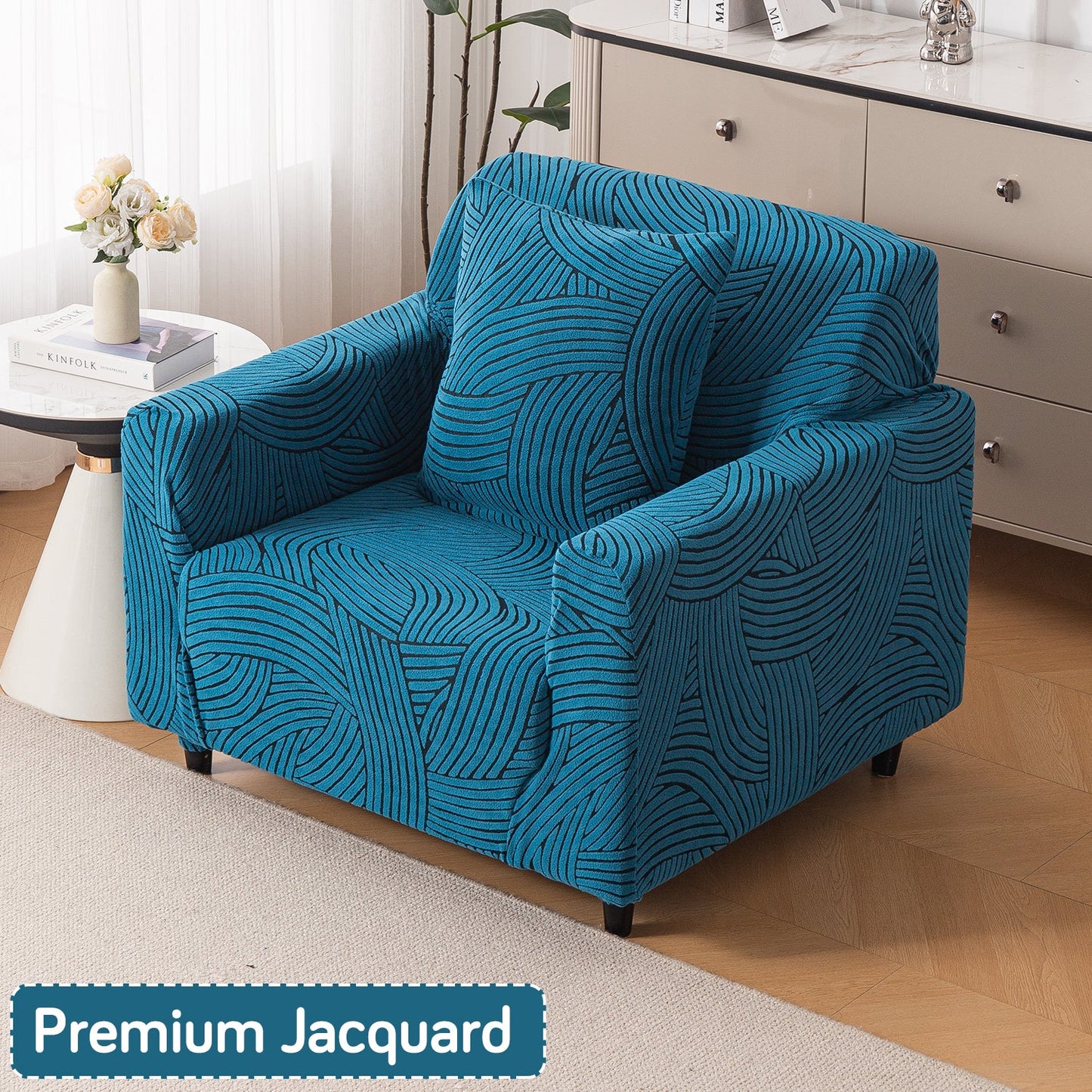 'WaveLine Series' Jacquard Sofa Cover 1/2/3/4-seater Fully Covered, Teal Green
