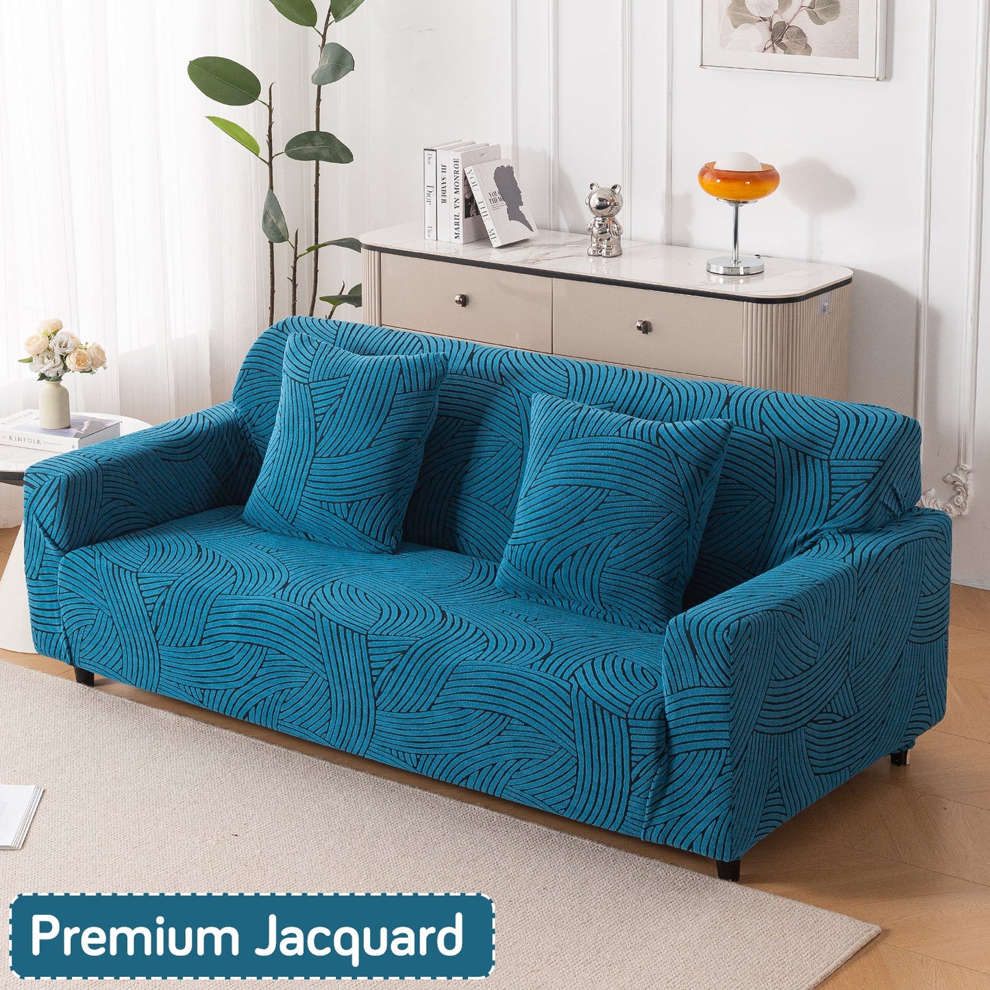 'WaveLine Series' Jacquard Sofa Cover 1/2/3/4-seater Fully Covered, Teal Green