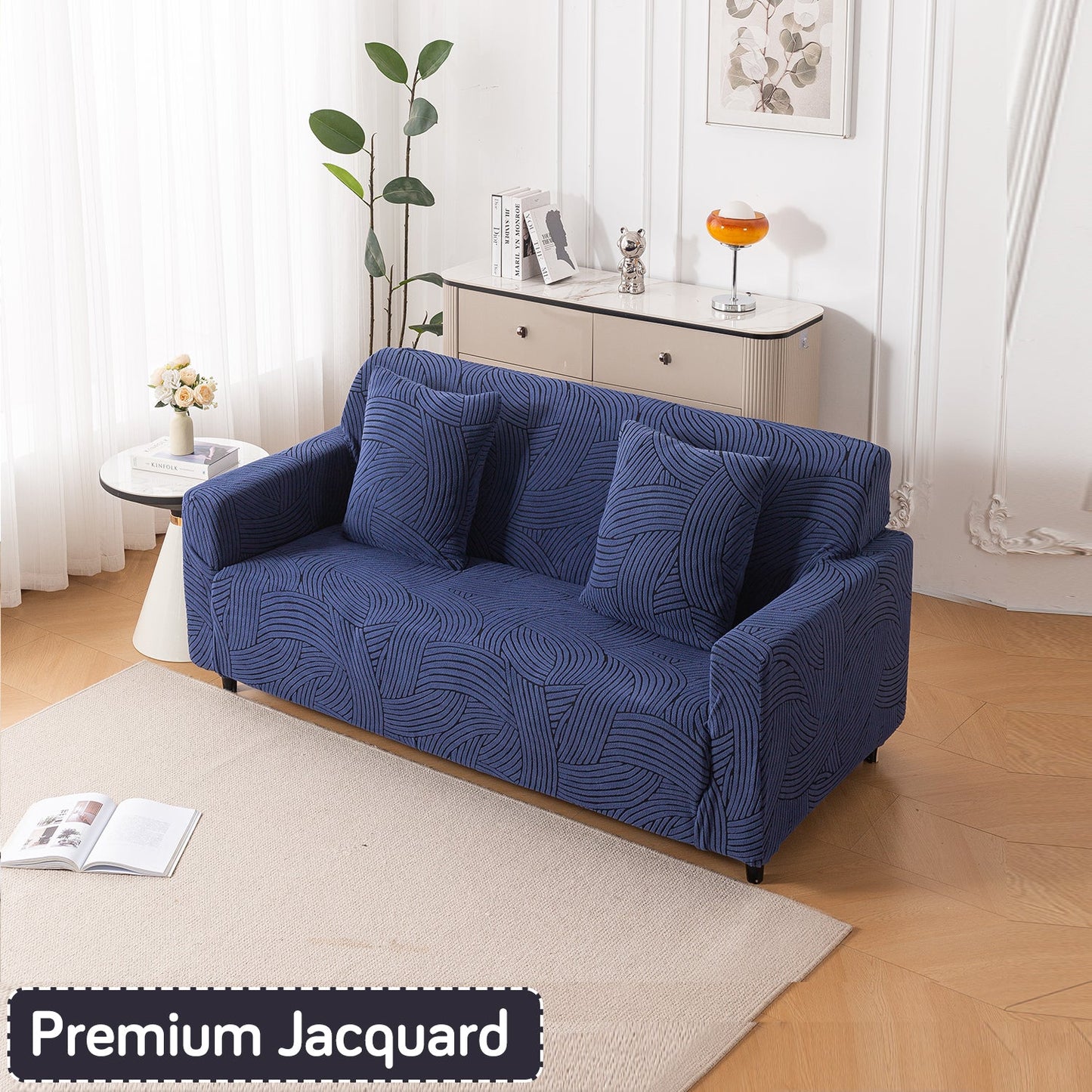 'WaveLine Series' Jacquard Sofa Cover 1/2/3/4-seater Fully Covered, Royal Blue