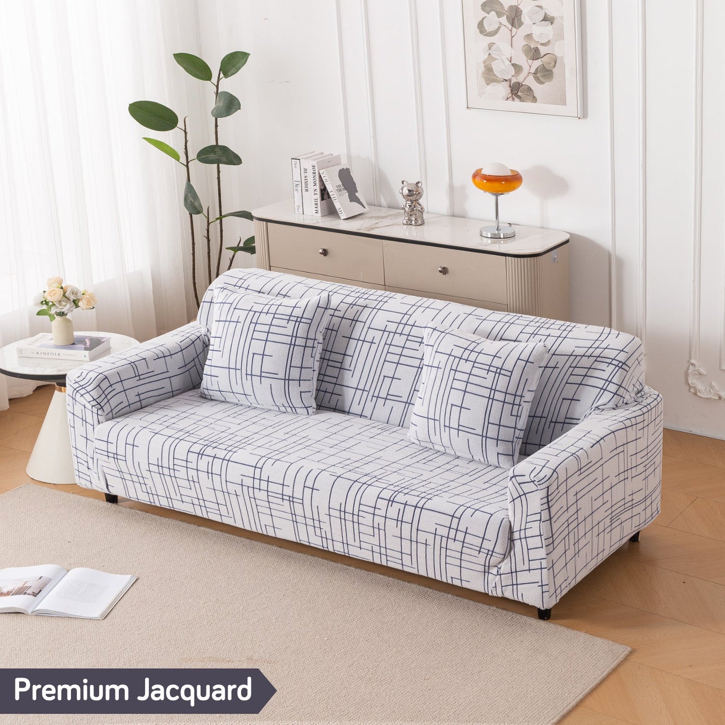 'Crossline Series' Jacquard Sofa Cover 1/2/3/4-seater Fully Covered, Navy Blue