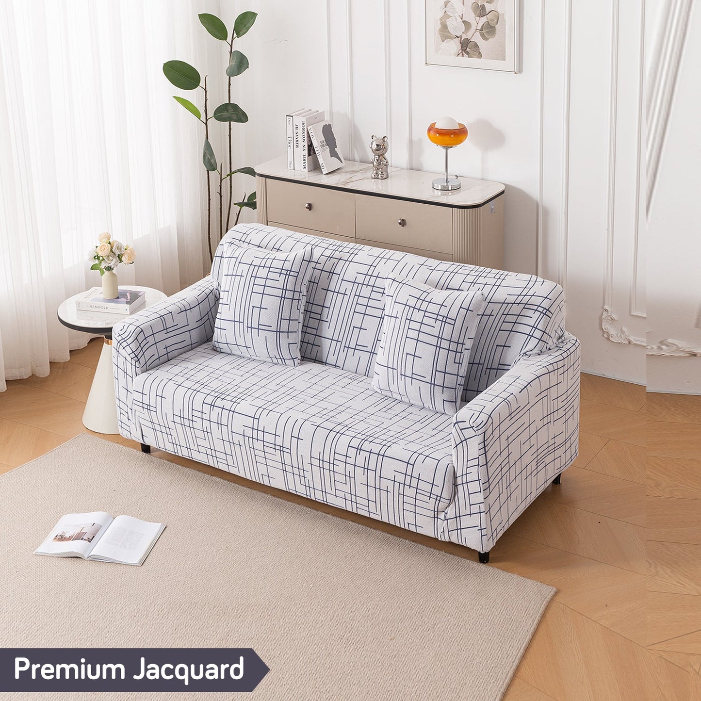 'Crossline Series' Jacquard Sofa Cover 1/2/3/4-seater Fully Covered, Navy Blue