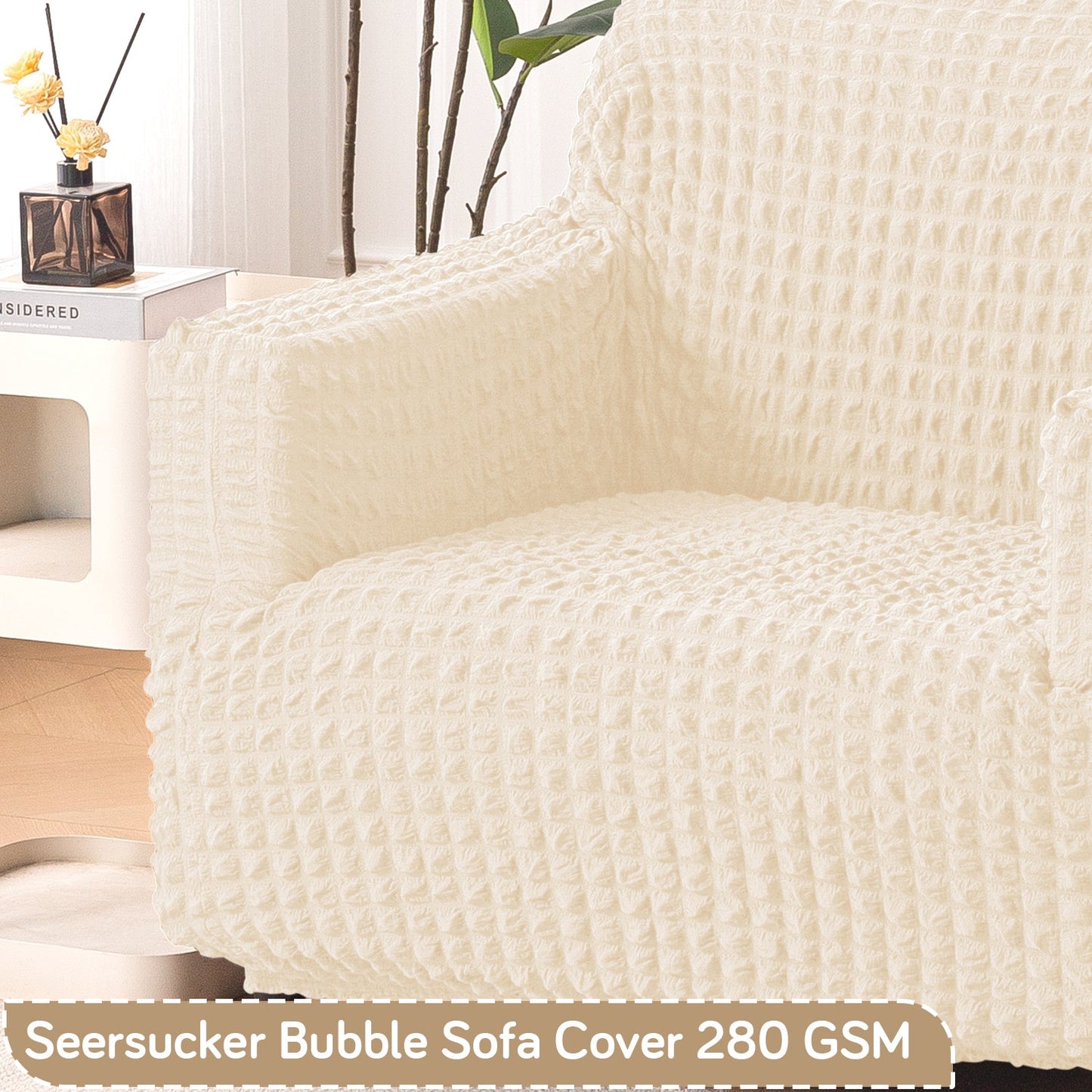 Aria Nova Elastic 280 GSM Stretchable Bubble Sofa Cover, Light Cream