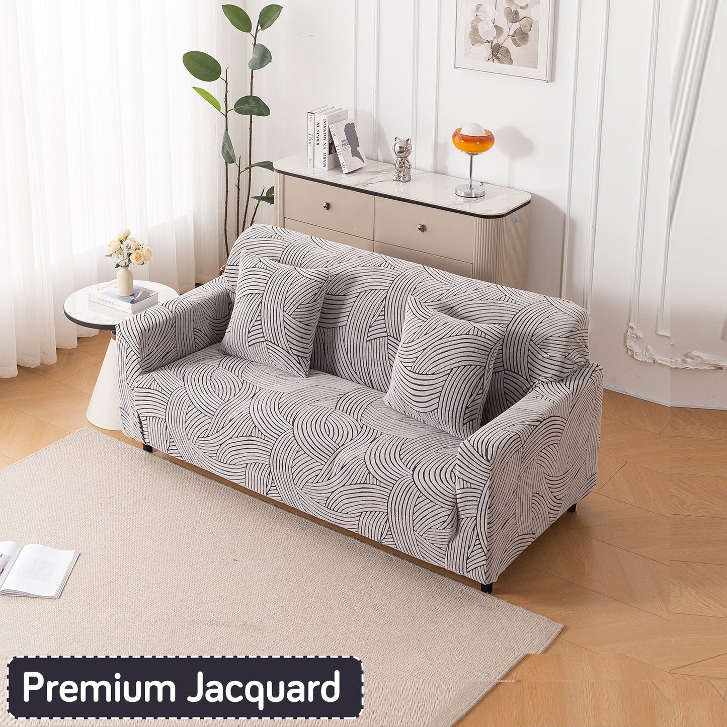 'WaveLine Series' Jacquard Sofa Cover 1/2/3/4-seater Fully Covered, Ash Grey