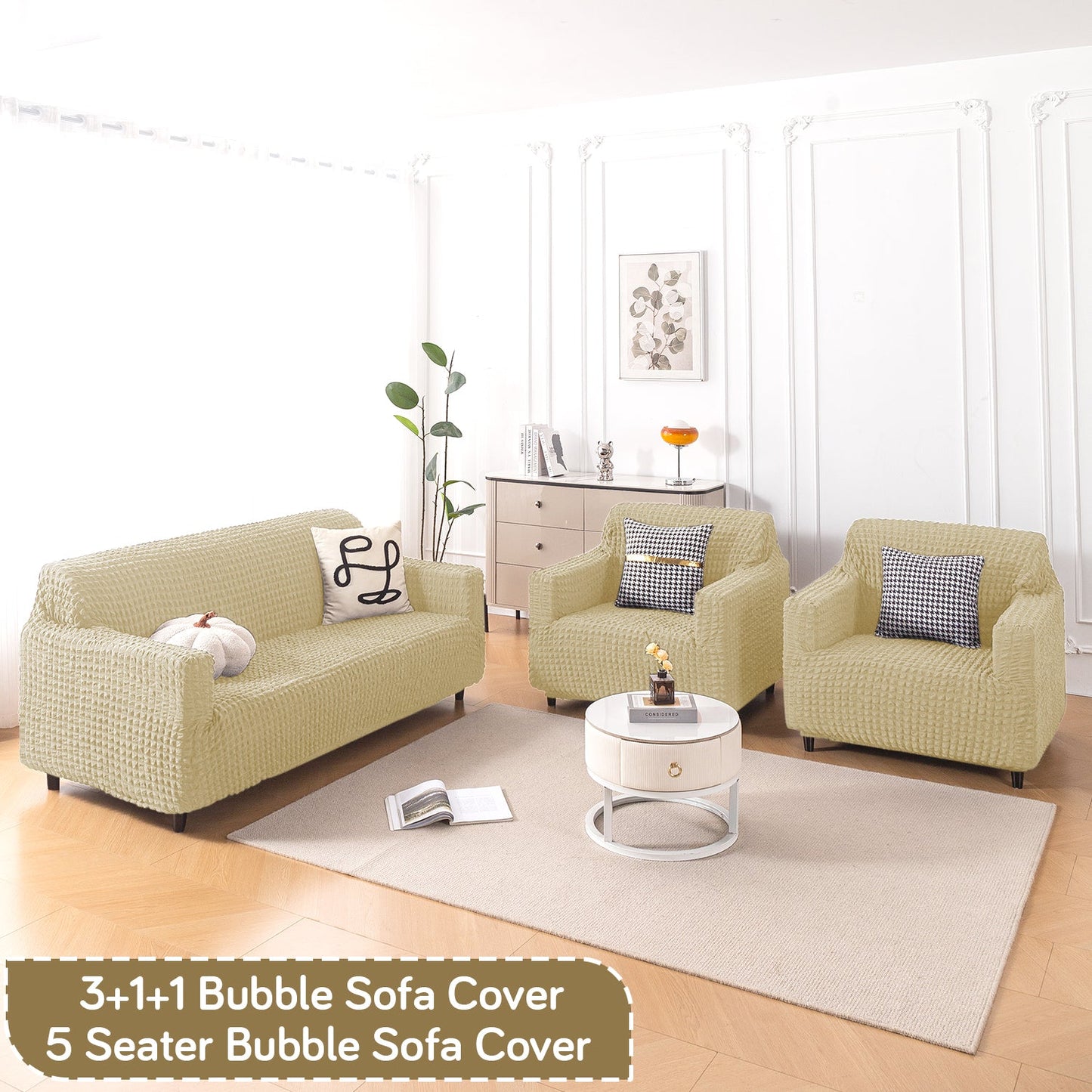 Aria Nova Elastic 280 GSM Stretchable Bubble Sofa Cover , Beige