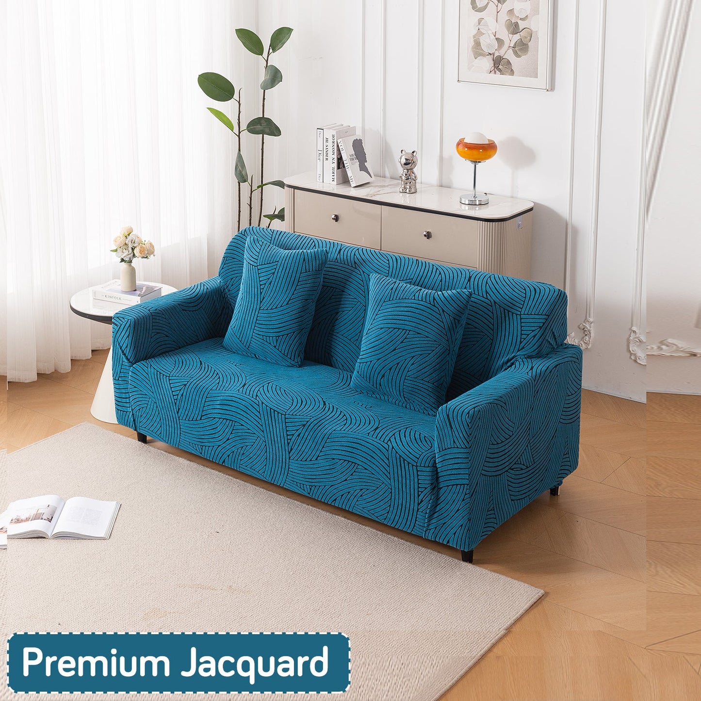 'WaveLine Series' Jacquard Sofa Cover 1/2/3/4-seater Fully Covered, Teal Green