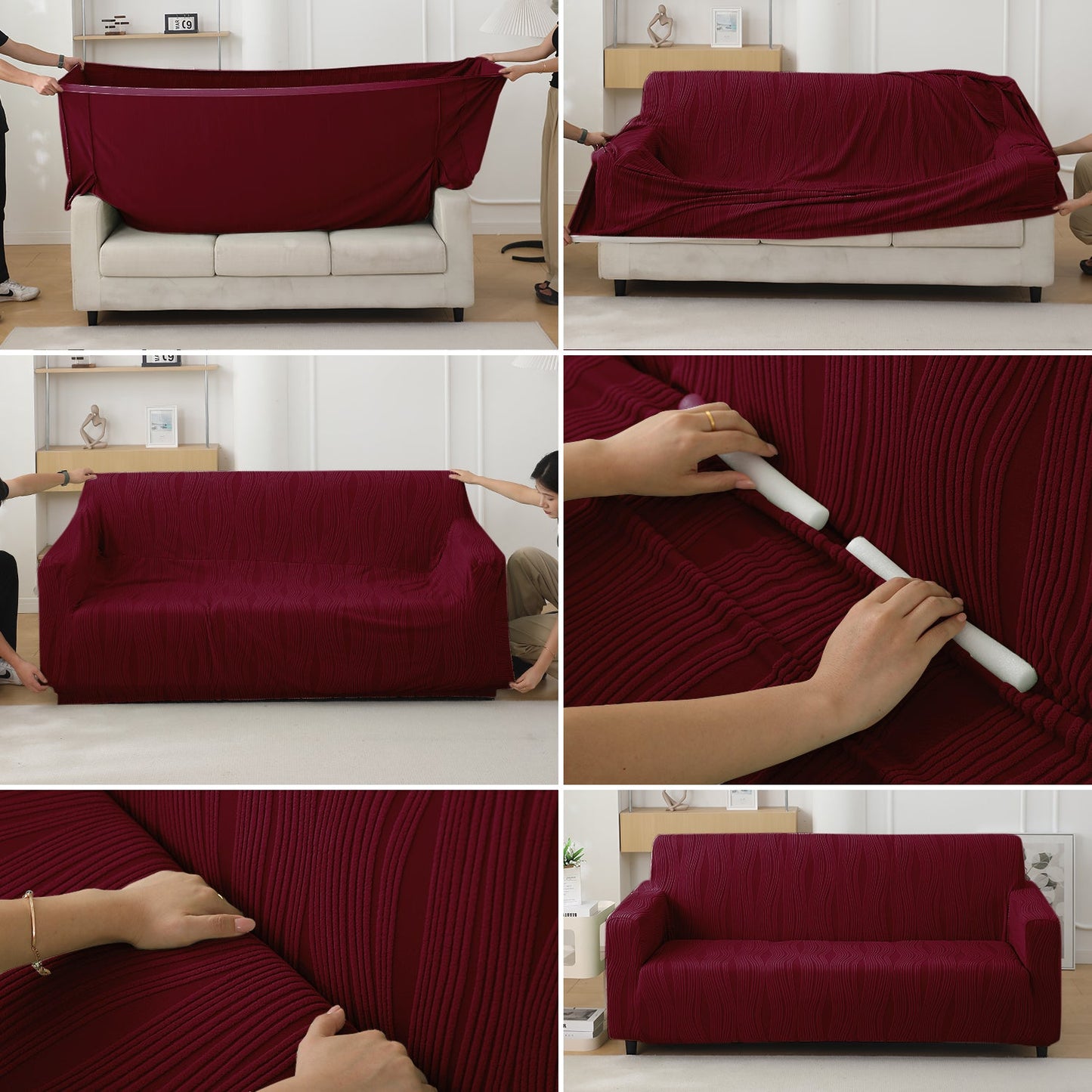 200gsm Knitting Jacquard Sofa Cover 1/2/3/4 Seater Fully Covered, Burgundy