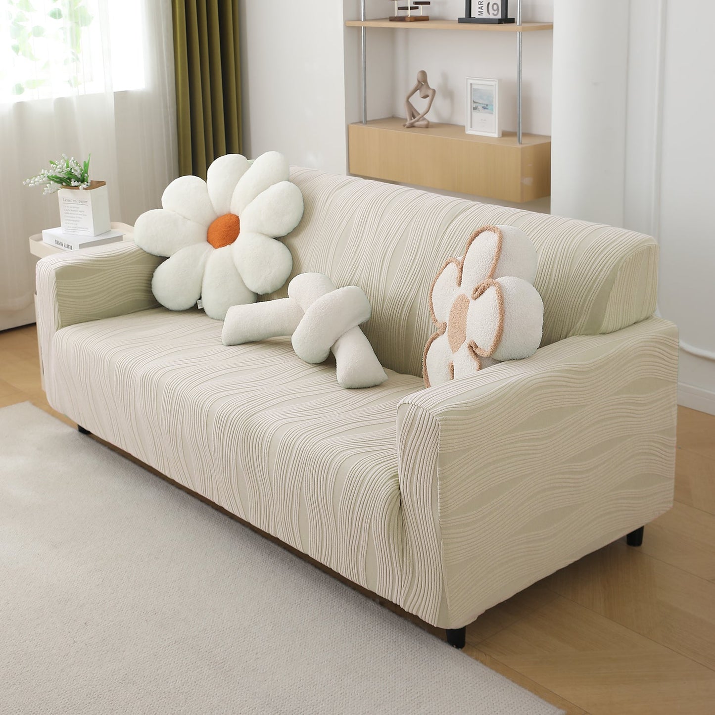 200gsm Knitting Jacquard Sofa Cover 1/2/3/4 Seater Fully Covered, Skimmed Cream