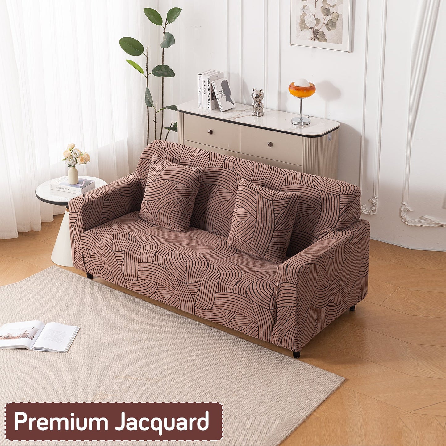 'WaveLine Series' Jacquard Sofa Cover 1/2/3/4-seater Fully Covered, Rust Brown